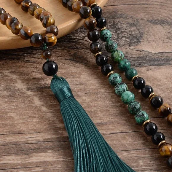 Tiger's Eye Turquoise 108 Mala Bead Prayer Tassel Healing Yoga Unisex Necklace - Picture 2 of 2